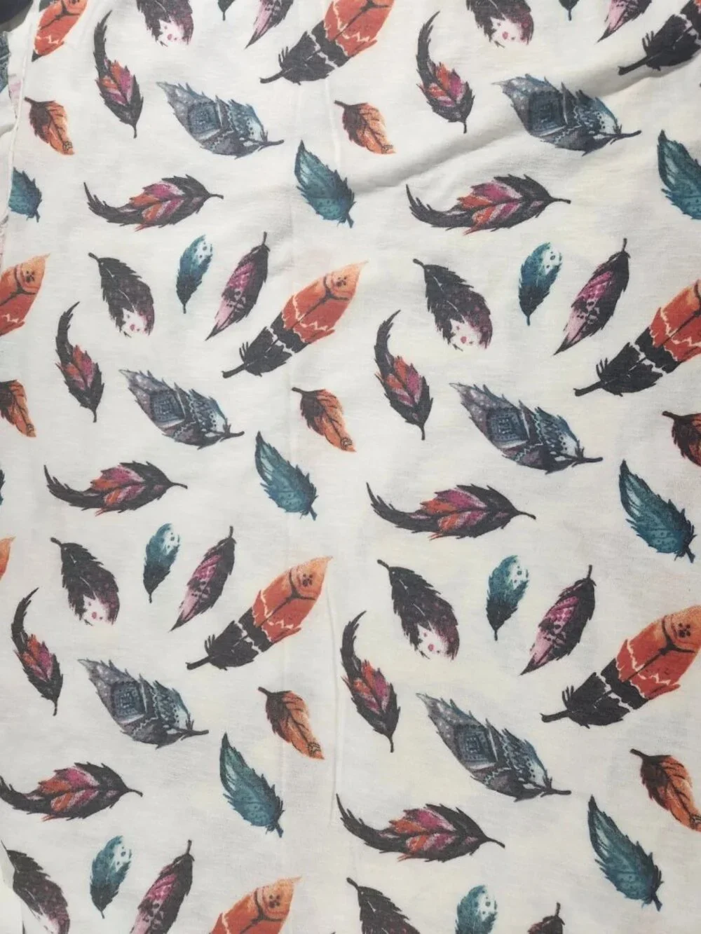 4 yards Hacci Knit Fabric White with Colorful Feathers ... Beautiful!